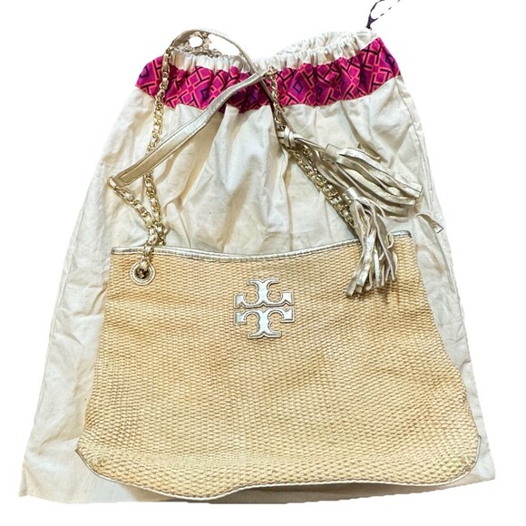 Tory Burch Thea Straw Tote With Chain And Metallic Leather Shoulder Strap Tassle - Picture 1 of 16